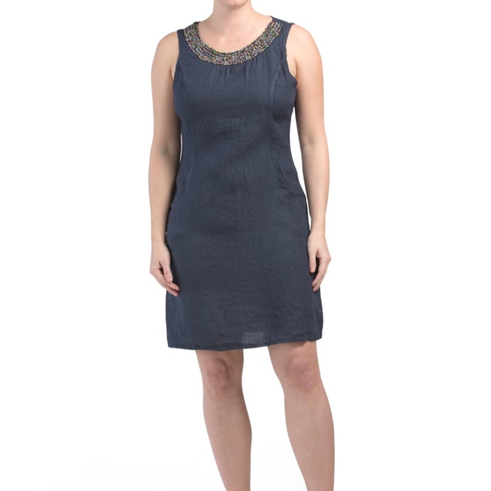 Lina Tomei M Blue Beaded Neckline Linen Dress (Italy) NWT